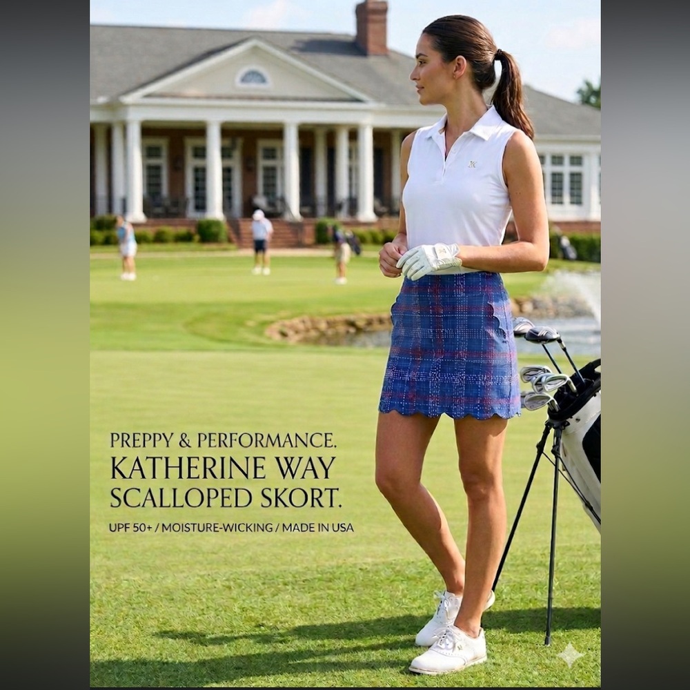 Katherine Way Blue Grid Plaid Scalloped Skort Size Small Golf Tennis